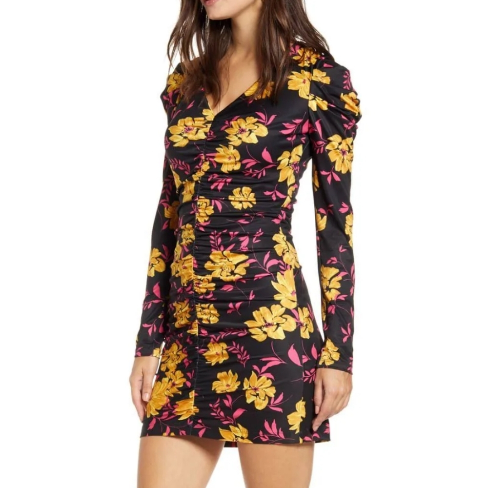 Wayf Fidella Purple and Yellow Bodycon Dress Long Puff Sleeves V-Neck Mini Dress